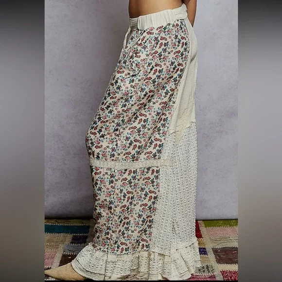 POL- NWT double gauze lace print patch woven ruffle wide leg pants MEDIUM - Picture 5 of 5